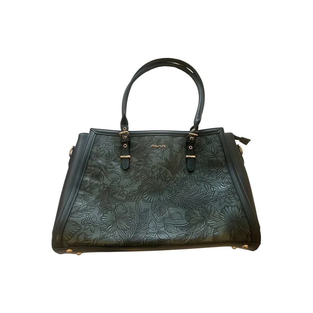 Mosiso Green Floral Embossed Laptop Tote Bag Professional Work Briefcase Handbag